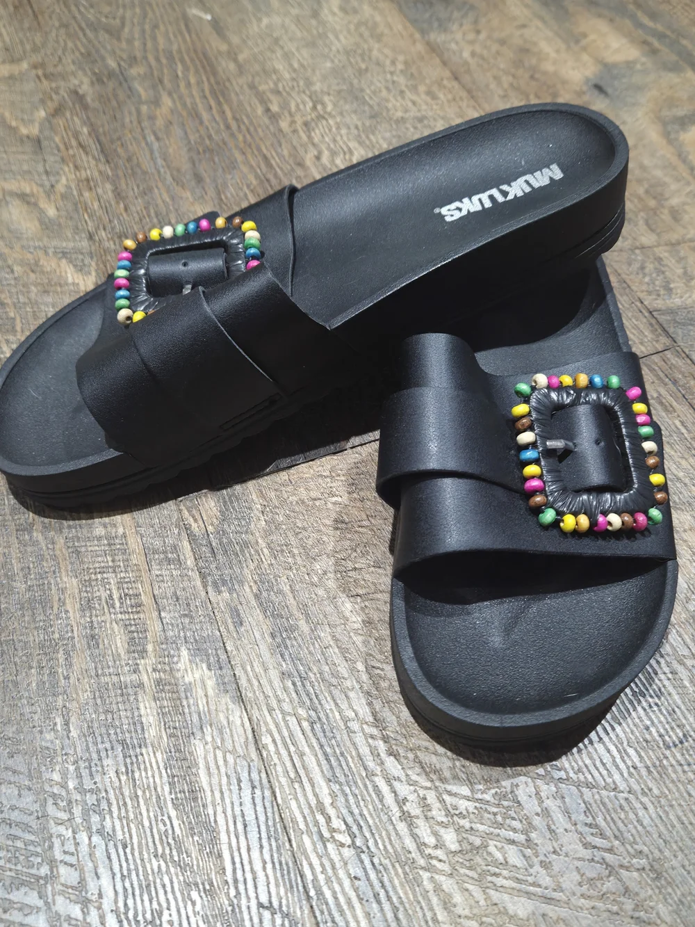Muk Luks Black Slide Sandals with Colorful Beaded Buckle